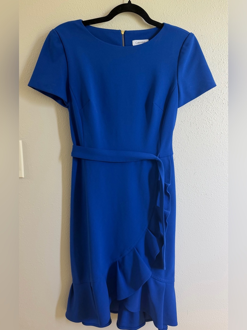 Calvin Klein Cobalt Blue Short Sleeve Ruffle Hem Dress